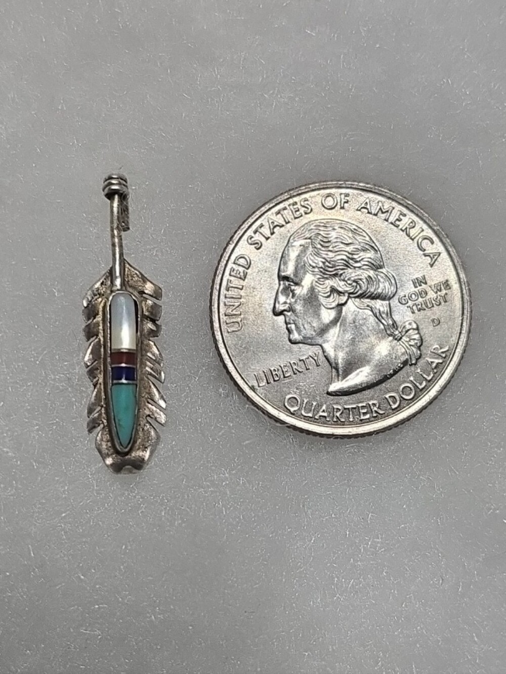 Sterling Silver Feather Pendant with Turquoise and Red Inlay